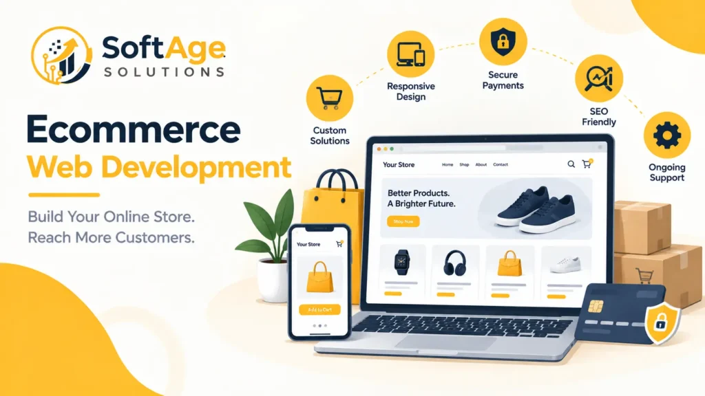 Digital illustration showing ecommerce web development solutions, online store platform, and shopping features
