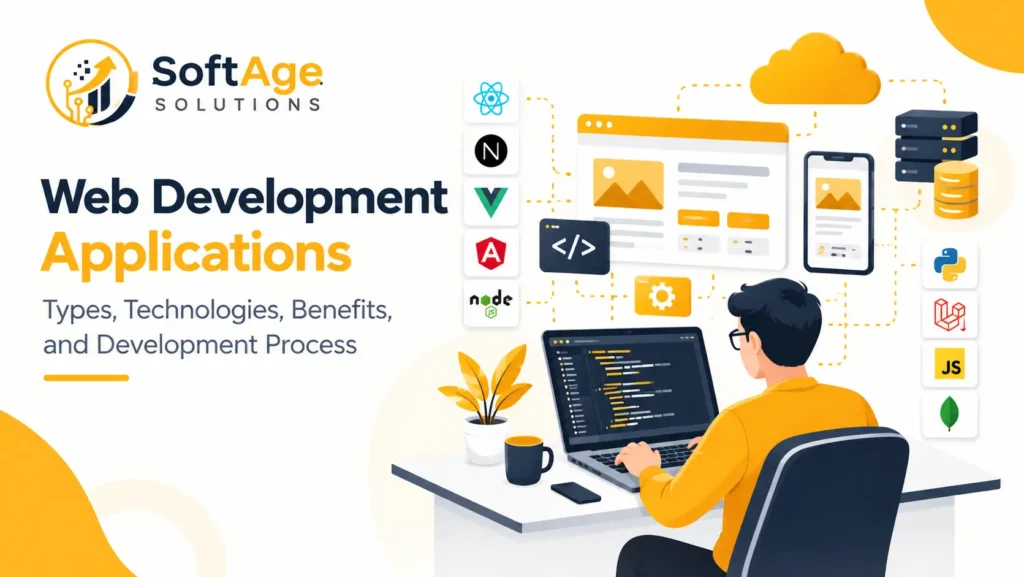 Developer working on a laptop with web development applications, framework logos, cloud, server and database icons
