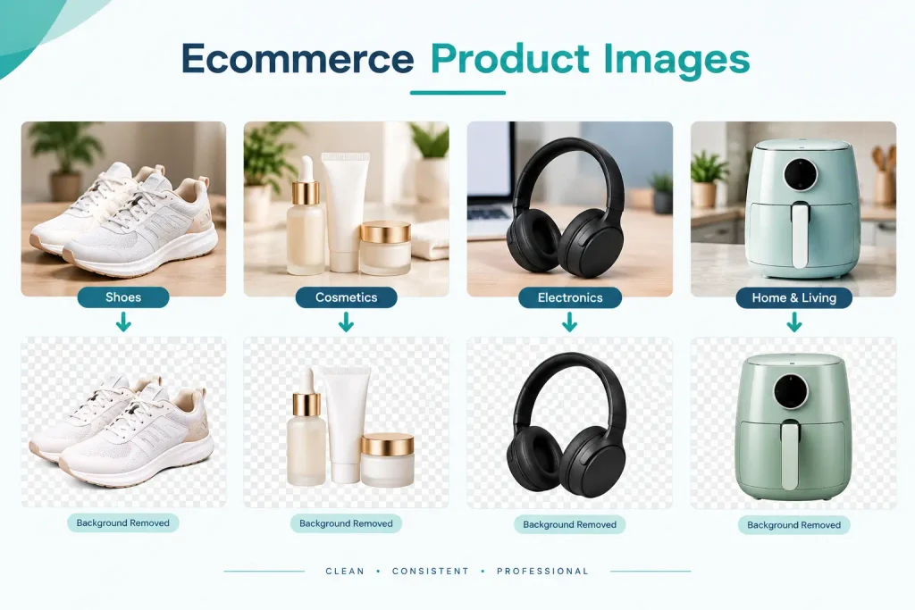 Graphic showing examples of how to remove image background from e-commerce product photos like shoes, cosmetics, electronics, and home appliances.
