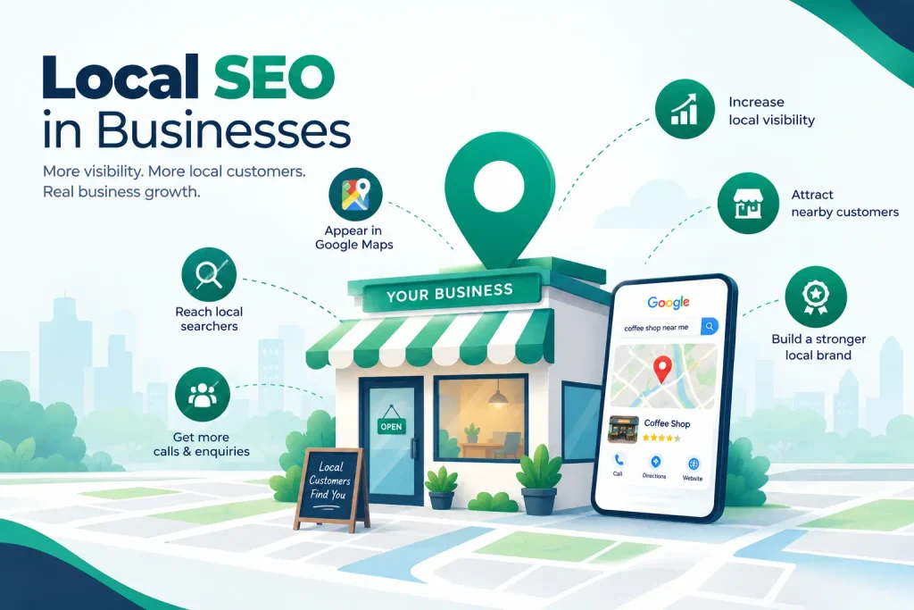 Local SEO services dashboard illustration showing local search rankings and Google Maps optimization.