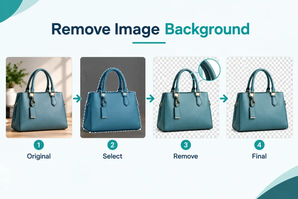 A four-step process showing how to remove image background from a blue handbag, transitioning from an original photo to selection, cutout, and transparent PNG