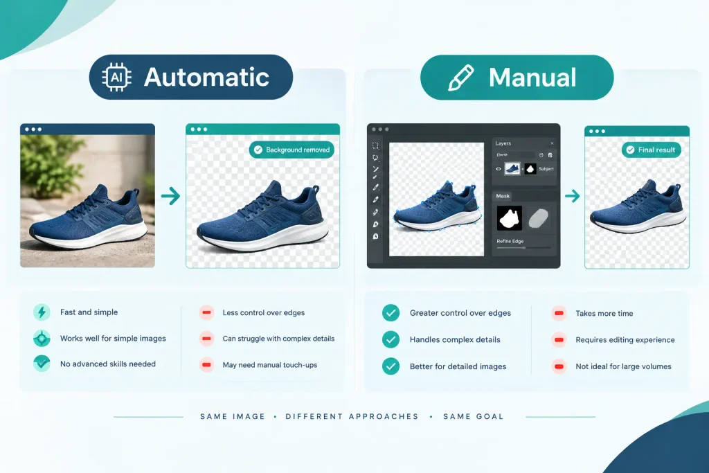 Comparison illustration showing the pros and cons to remove image background automatically versus manually.