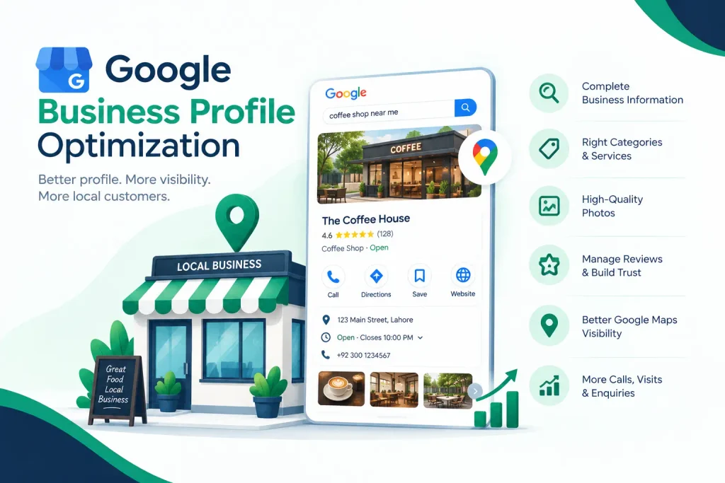 Local SEO services dashboard illustration showing local search rankings and Business Profile optimization.