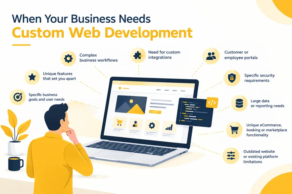 Vector diagram illustrating key business reasons for custom web development.