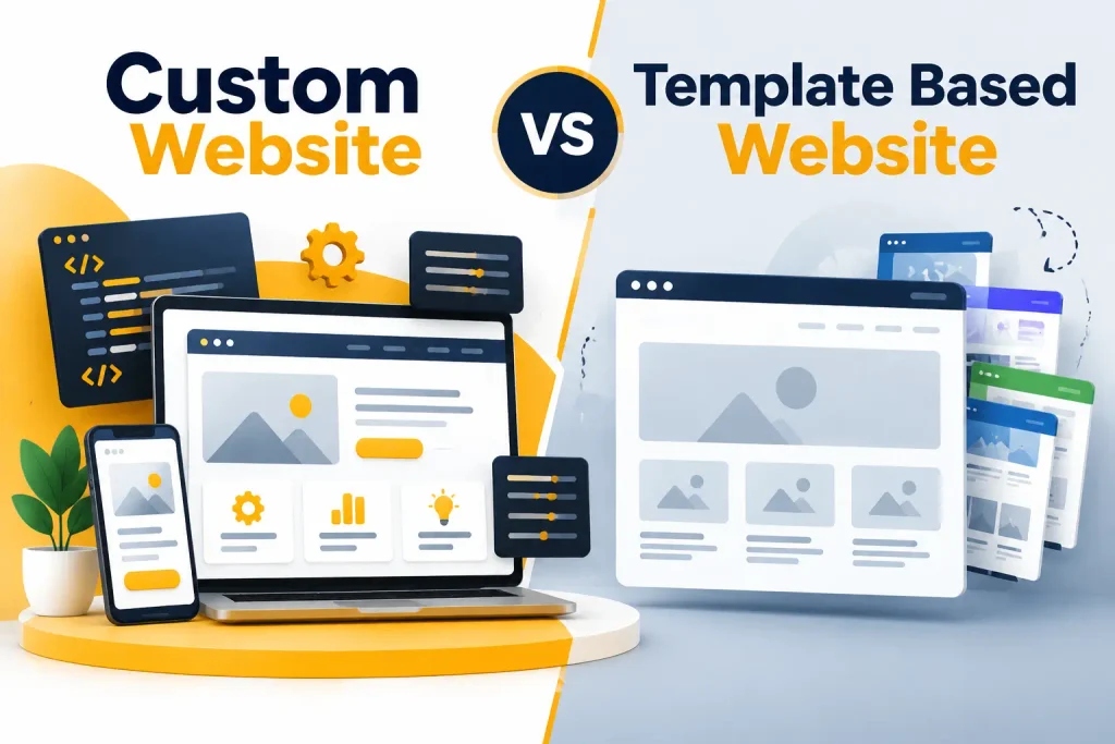 Vector illustration showing custom website development versus template-based website design.