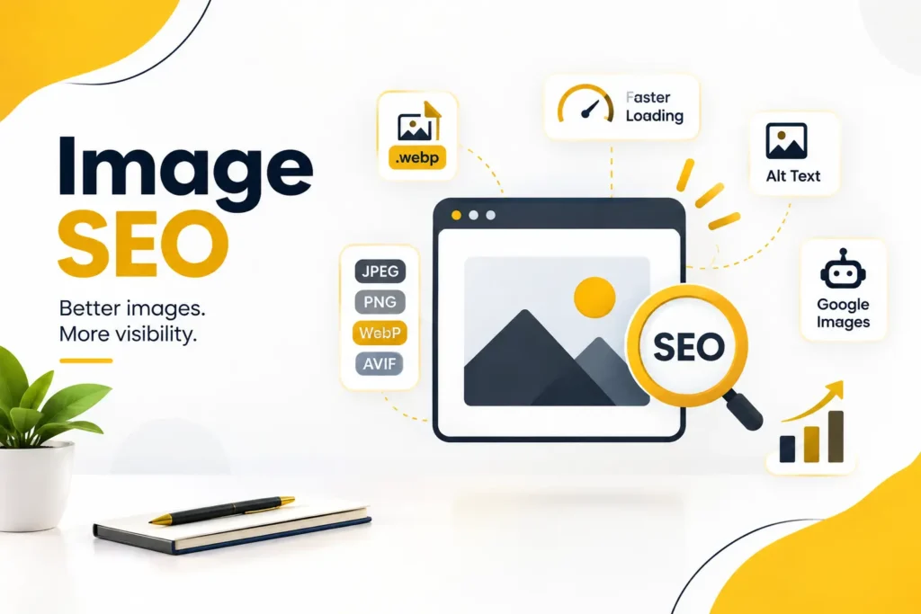 `An illustration representing image SEO featuring a webpage mockup, a magnifying glass focused on an image icon with an SEO badge, and graphic design tools on a yellow background.`
