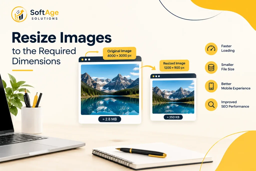 An infographic explaining image SEO and resizing, showing an original image scaled down to proper dimensions, with icons highlighting faster loading, smaller file size, better mobile experience, and improved SEO performance on a yellow background.