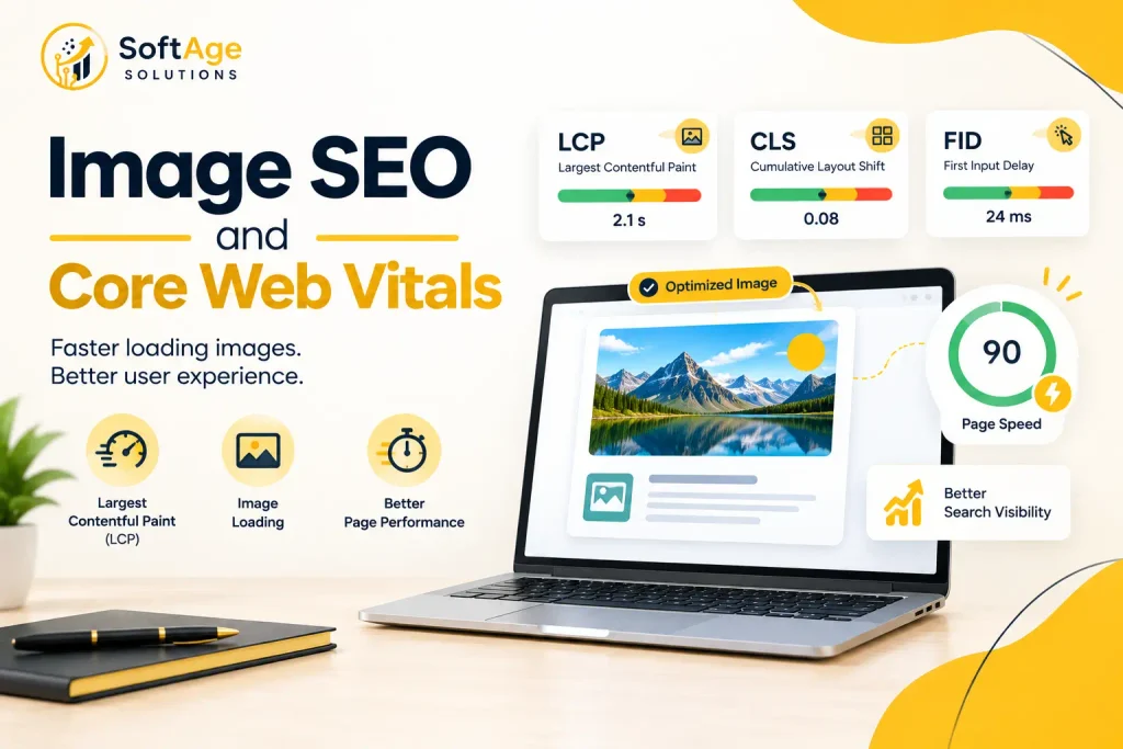 An infographic about image SEO and Core Web Vitals displaying LCP, CLS, and FID performance metrics alongside an optimized image preview and a 90 PageSpeed score on a yellow background.