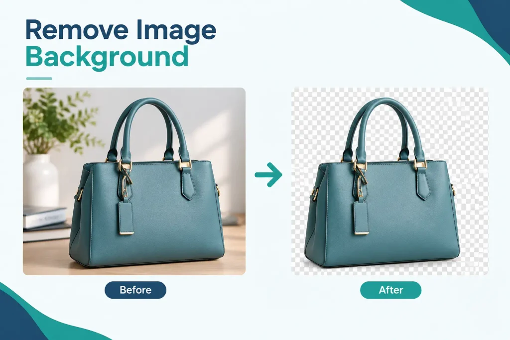 Before-and-after comparison of a camera product photo with its background removed to reveal a transparent grid