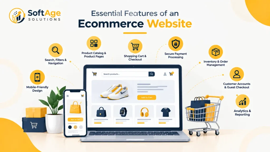 SoftAge Solutions graphic illustrating the essential features of an ecommerce website