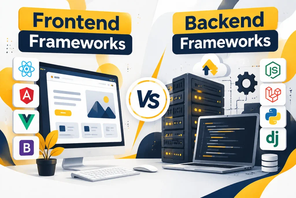 Frontend vs backend web development frameworks diagram illustrating client-side user interface and server-side architecture.