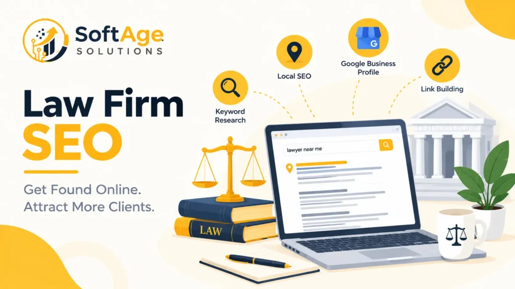Law firm SEO graphic with a lawyer near me search on a laptop