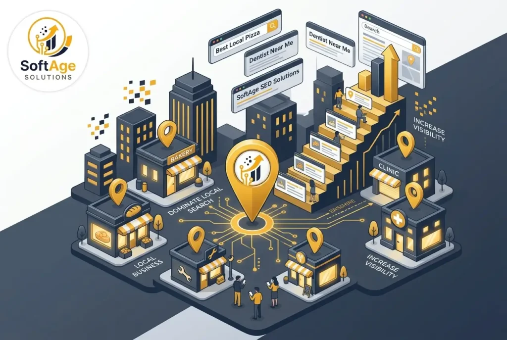 Local SEO graphic with city map and location markers