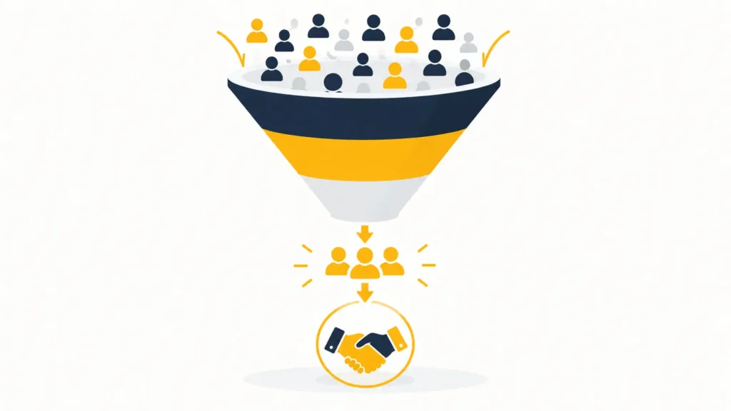 Funnel diagram showing many prospects narrowing to a few qualified leads