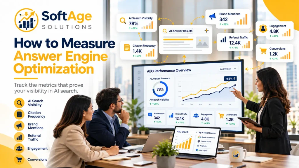 Team reviewing a sample answer engine optimization dashboard showing AI search visibility, citations, mentions and traffic