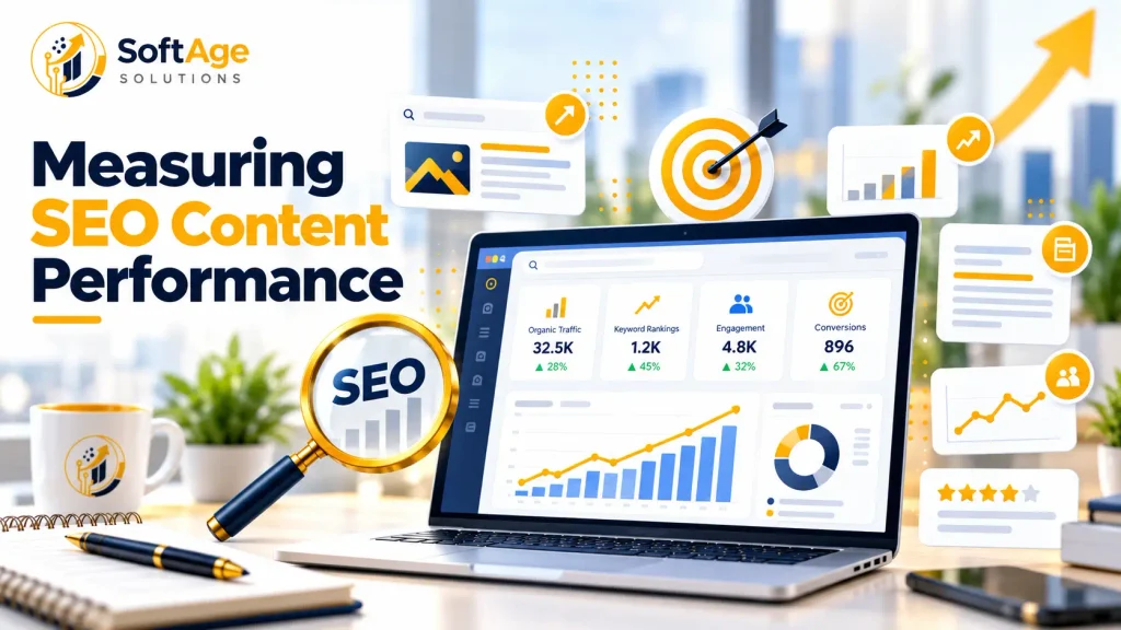 Measuring SEO content performance dashboard graphic displaying search analytics, traffic metrics, and keyword tracking