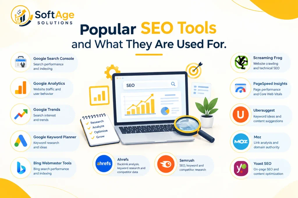 Grid of popular SEO tool logos, including Google Search Console, Google Analytics, Ahrefs, Semrush, Screaming Frog, and PageSpeed Insights.