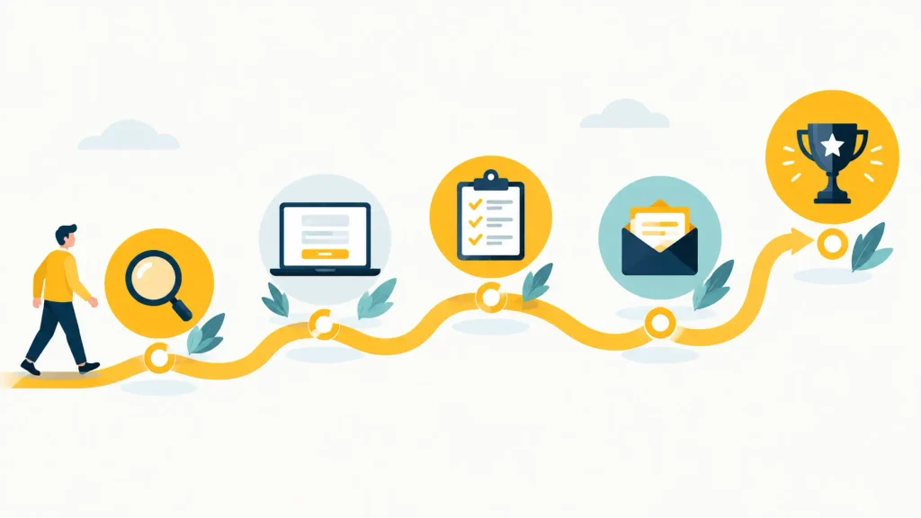 Illustrated path showing the steps from attracting a visitor to winning a customer