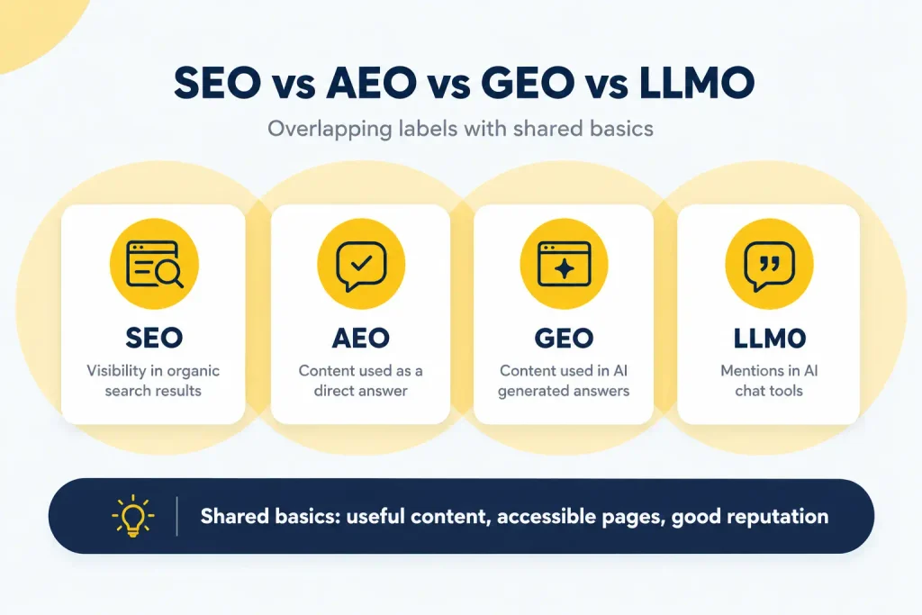 Infographic comparing SEO, AEO, GEO and LLMO as overlapping labels that share useful content, accessible pages and good reputation