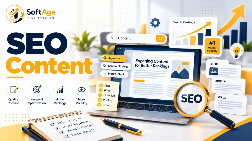 SEO Content Growth Strategy dashboard illustration showing search engine optimization analytics and content planning graphics