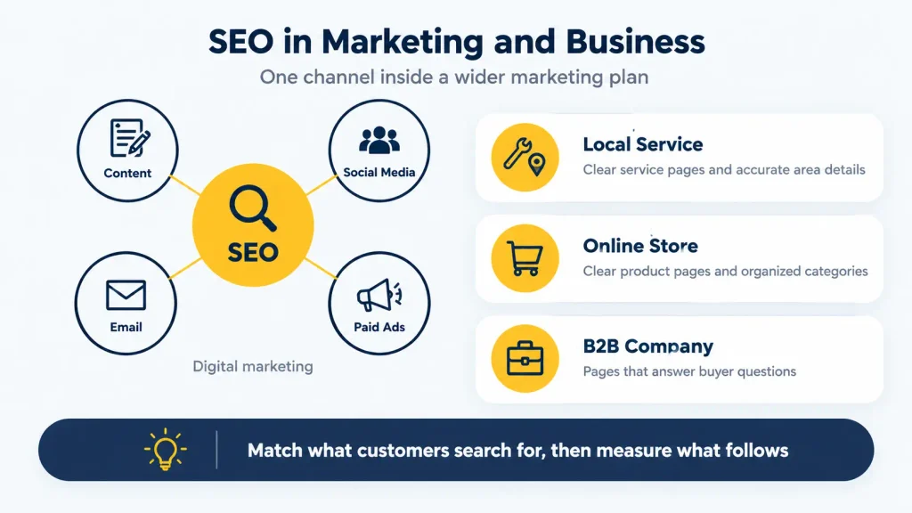 Infographic showing SEO as one channel within digital marketing, with examples for a local service, an online store and a B2B company