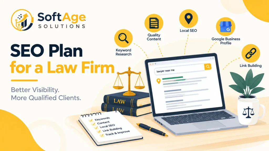 Visual roadmap outlining a complete SEO plan for a law firm, featuring keyword research, local SEO, and content strategy.