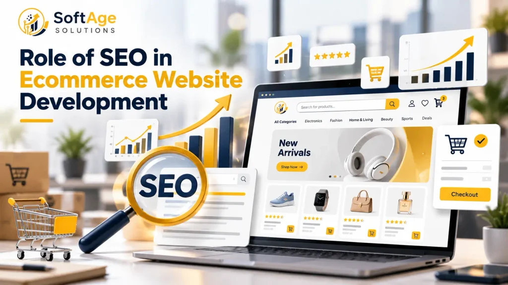 Soft Age Solutions graphic illustrating how SEO powers ecommerce website growth and search visibility