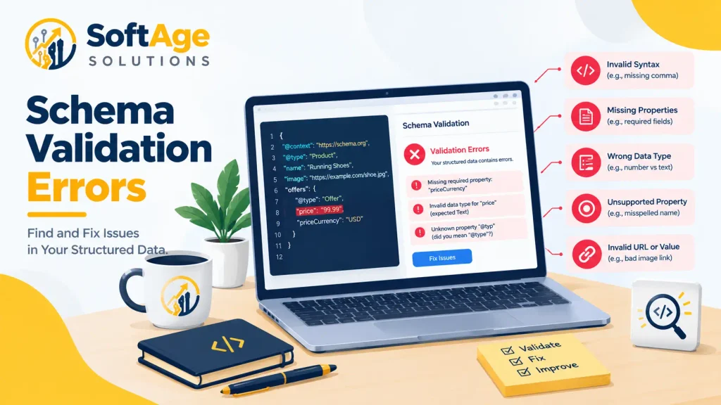 Infographic illustrating common schema validation errors and how to fix them for technical SEO