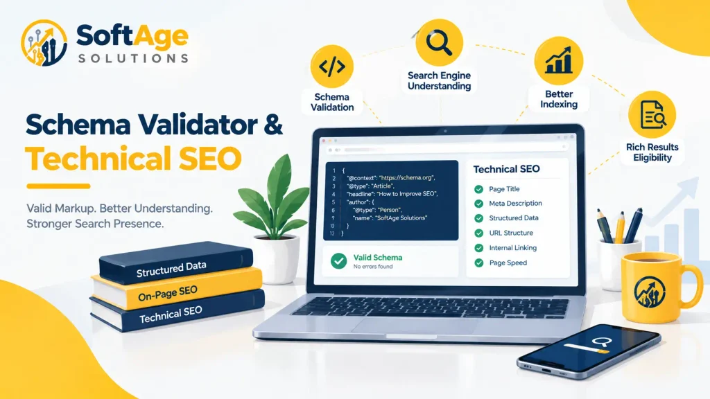 Soft Age Solutions dashboard graphic illustrating schema validation, search engine understanding, and technical SEO features