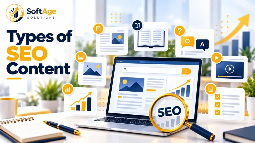 Types of SEO content graphic displaying digital content planning tools and workspace layout