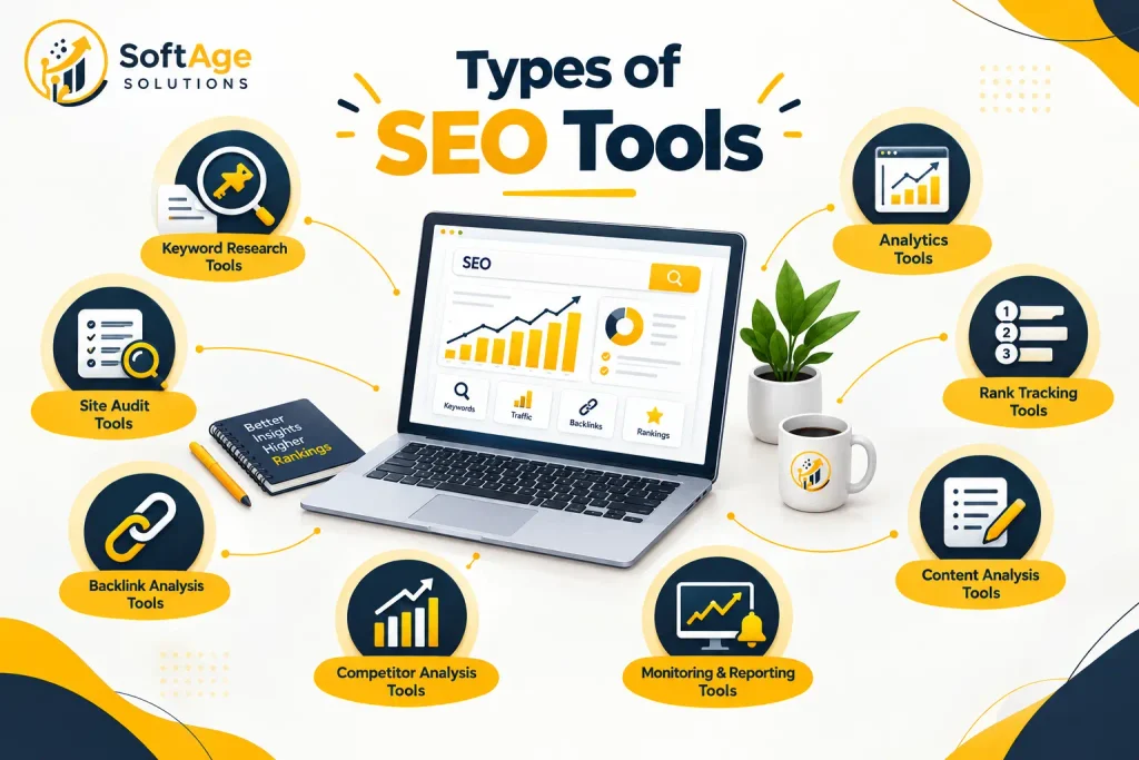 Illustration representing six main types of SEO tools: Keyword Research, Technical SEO, On-Page SEO, Backlink Analysis, Rank Tracking, and Content SEO.