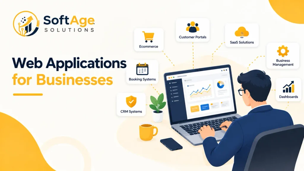Custom web applications for business growth showing ecommerce, customer portals, CRM systems, and analytics dashboards.