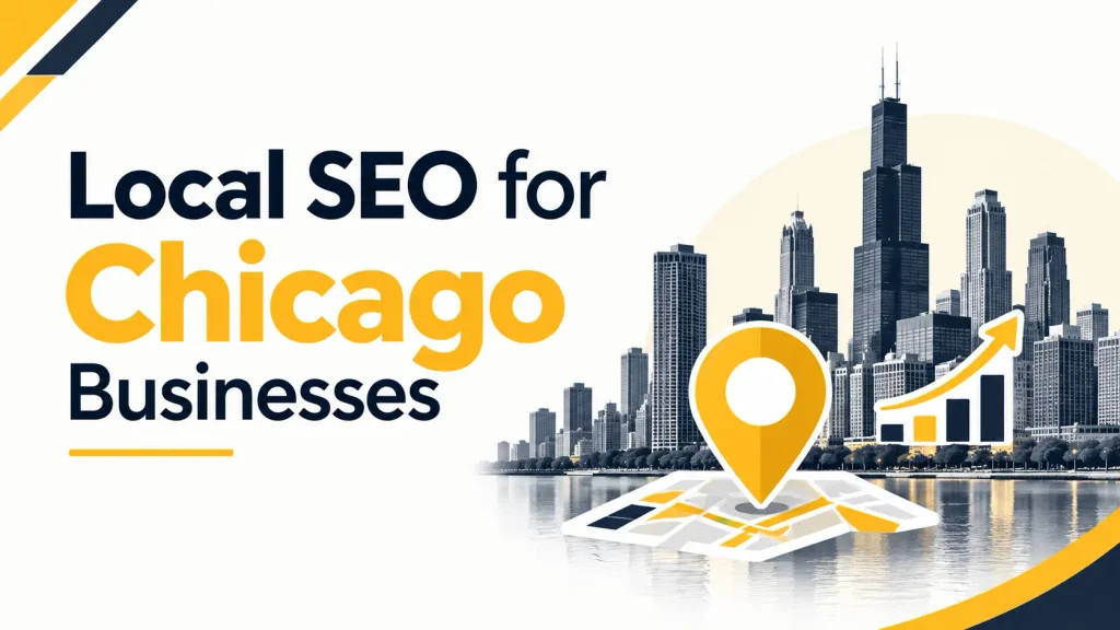 Diagram illustrating local SEO strategies for Chicago businesses, highlighting key components like Google Business Profile, customer reviews, local landing pages, and citations.