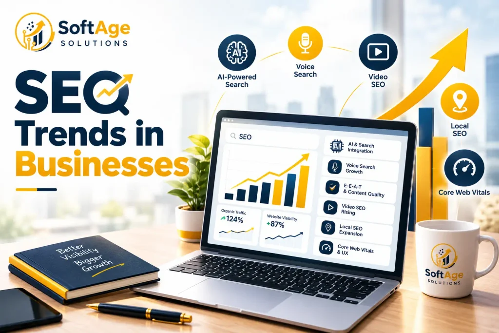 Promotional graphic displaying SEO trends, growth metrics, and digital strategy icons around a laptop.