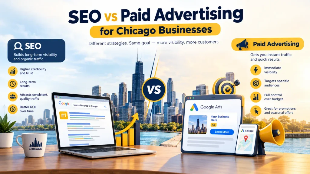 Comparison graphic contrasting search engine optimization (SEO) and paid advertising (PPC) strategies for local businesses.