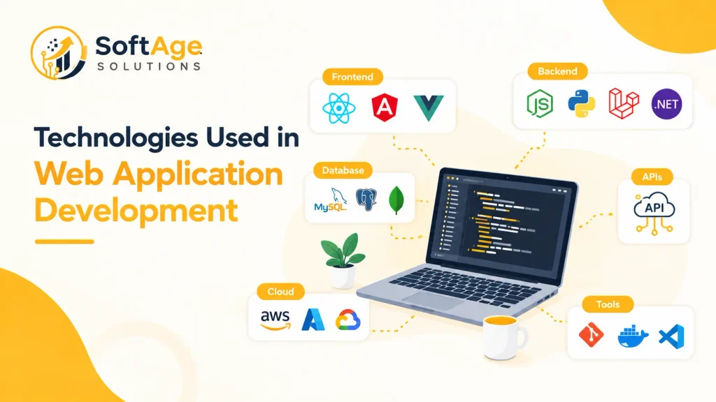 Core technologies used in web application development featuring frontend frameworks, backend runtimes, and database systems