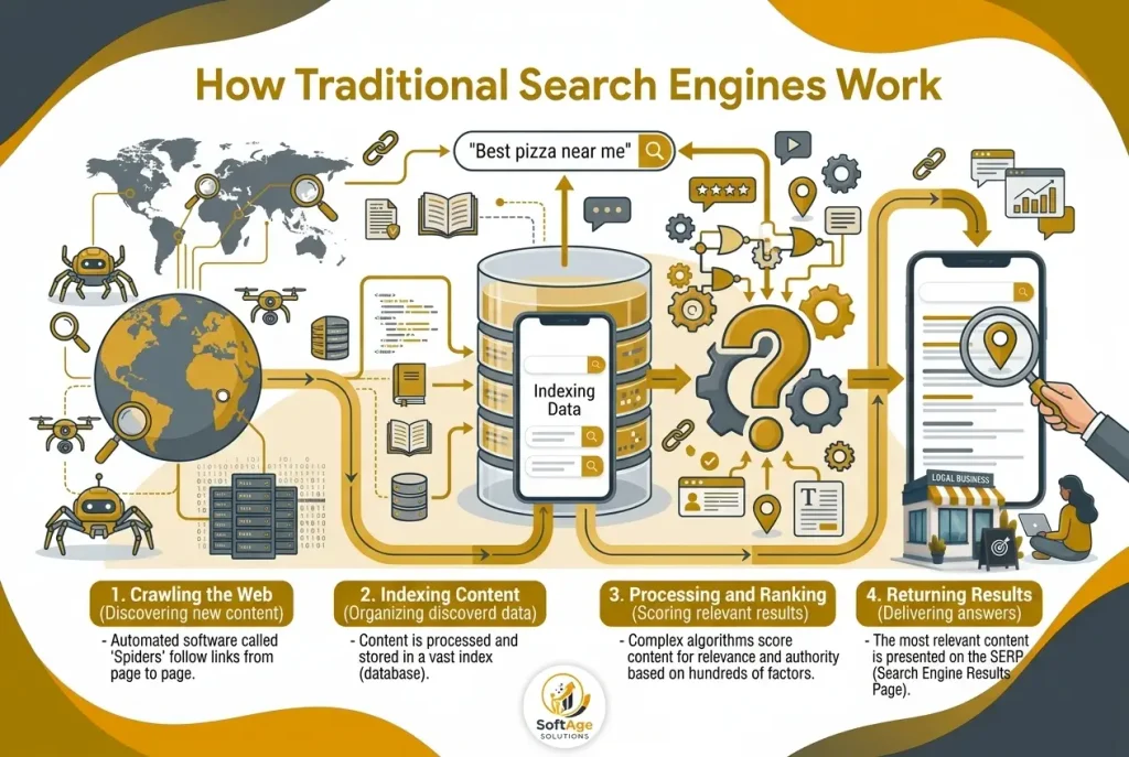 Diagram illustrating the four key steps of how traditional search engines work: crawling, indexing, processing and ranking, and returning results.